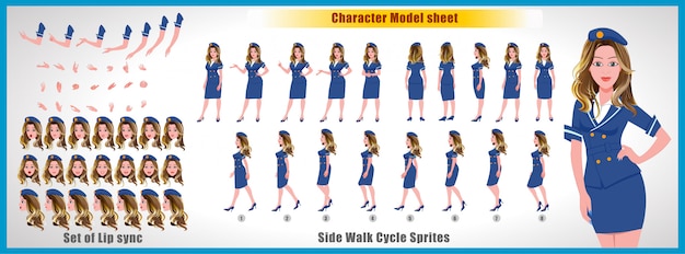 Лист модели персонажа стюардессы с анимацией цикла ходьбы и синхронизацией губ