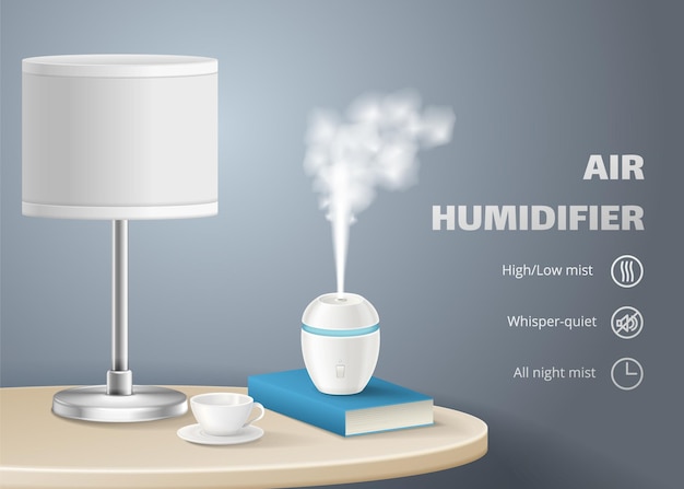 Плакат увлажнителя воздуха с его функциями и рабочим устройством в уютной спальне реалистичная векторная иллюстрация