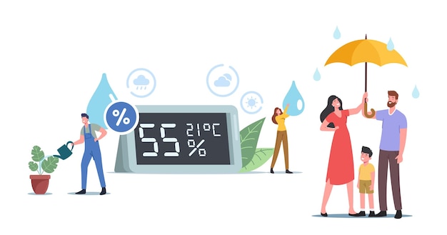 空気湿度の概念。巨大な湿度計での小さな男性と女性のキャラクター。傘の下の母、父と子、労働者の水やり植物、雰囲気、気候。漫画の人々のベクトル図