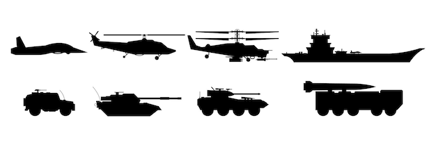 Air land military equipment and warship set icon illustrations vector