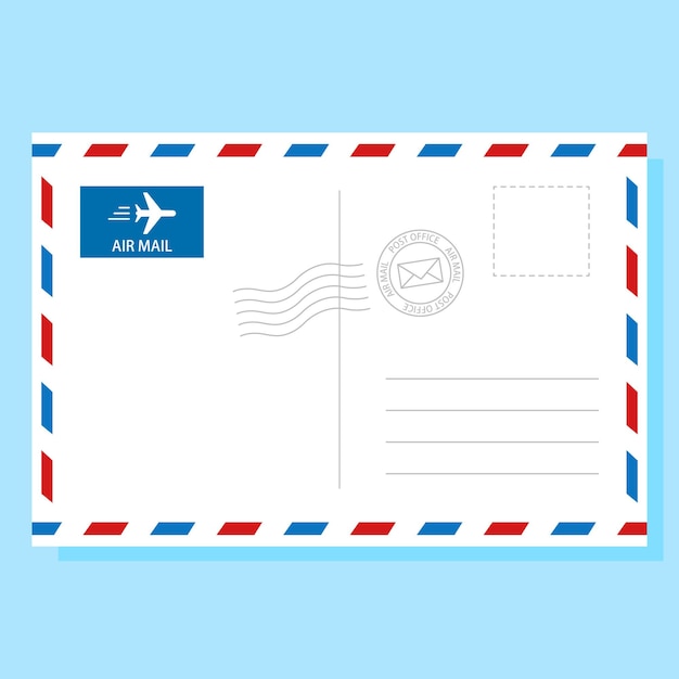 Vector air mail postcard with postage stamp vector illustration on blue background