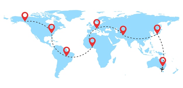 赤いピンポイントと破線のトレースが付いた飛行機の飛行ルート。世界地図上の破線のパス。