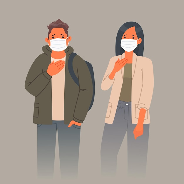 大気汚染。顔の医療マスクで悲しい男と女。ほこりや花粉からの呼吸保護。フラットスタイルのベクトル図
