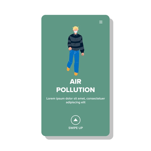 Загрязнение воздуха городских или промышленных проблем вектор. Молодой человек идет в защитной маске для лица на городской улице с загрязнением воздуха экологической средой. Персонаж веб-плоский мультфильм иллюстрации