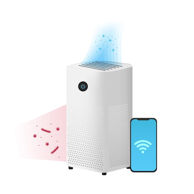 Air purifier isolated on white background cleaning bacteria and viruses remote control of smartphone via wifi vector illustration