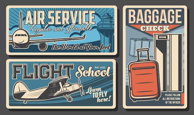 Air service, flight school and baggage check retro banners