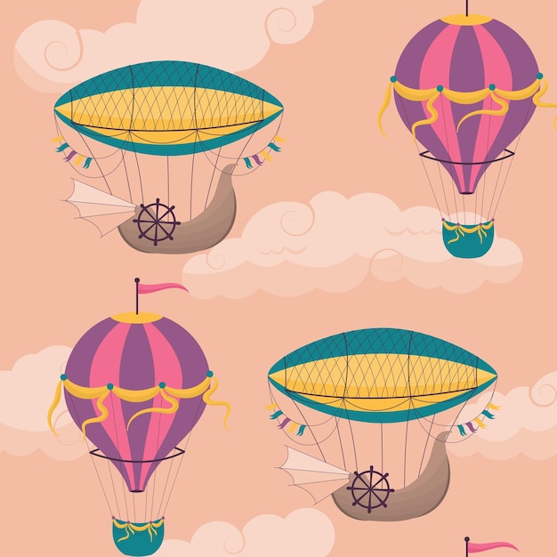 air ship and balloon flying between pink fluffy clouds