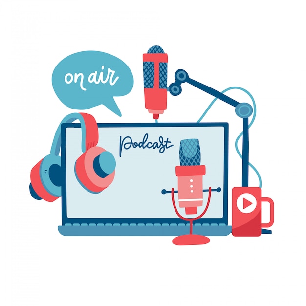 Vector on air sign podcast concept. record studio devices - headphones, microphone, headset, laptop. media and entertainment. news, radio and television broadcasting elements. flat   illustration.