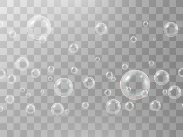 Воздушные мыльные пузыри на прозрачном фоне. векторная иллюстрация лампочек.