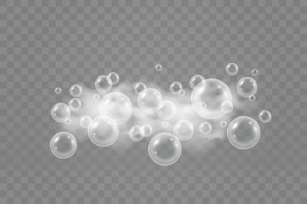 Воздушные мыльные пузыри на прозрачном фоне. Векторная иллюстрация лампочек.