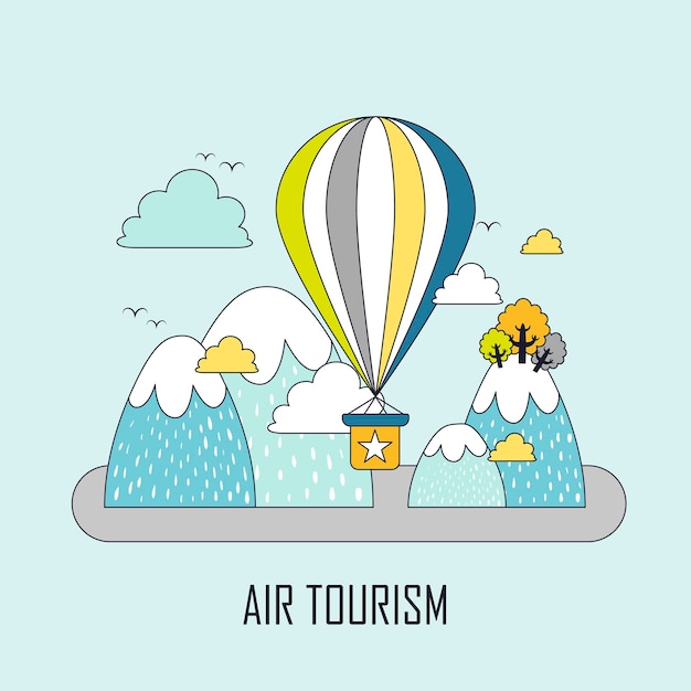 Air tourism concept: hot air balloon and mountains in line style