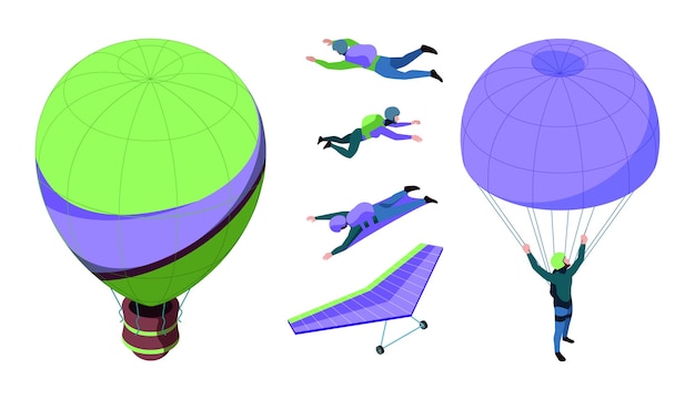 Air tourism Flying adventure air balloons for travellers parachuting gliding plane garish vector cartoon set isolated Illustration of air adventure parachute and ballooning