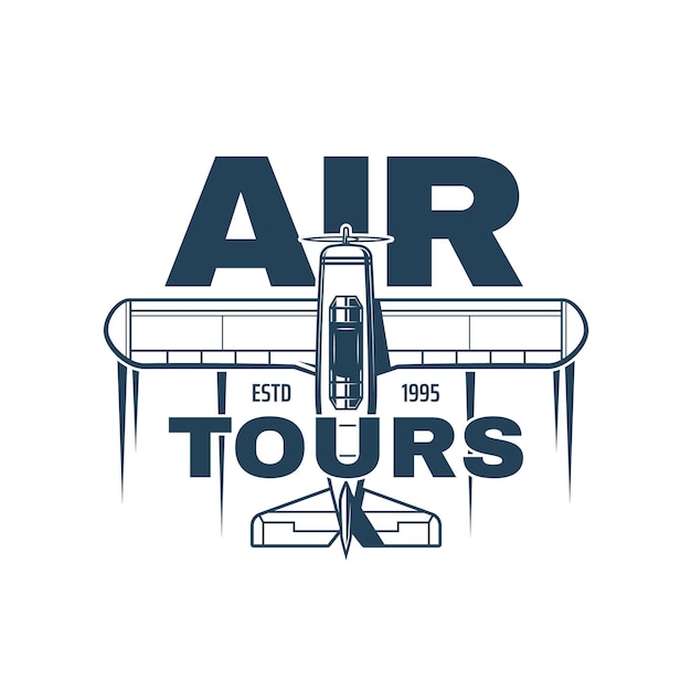 ヴィンテージプロペラ飛行機と航空ツアーアイコン航空機旅行ツアー歴史的なプロペラ単葉機上面図ヴィンテージ飛行機とタイポグラフィとレトロなエンブレムベクトルアイコン