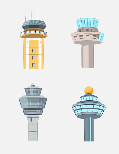 Air traffic control towers vector illustrations set. atc, airport command center isolated on grey background. aviation industry, traveling, tourism, transportation concept