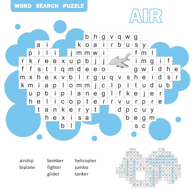 Vector air transport crossword game. search words game with answer for children. vector flat illustration