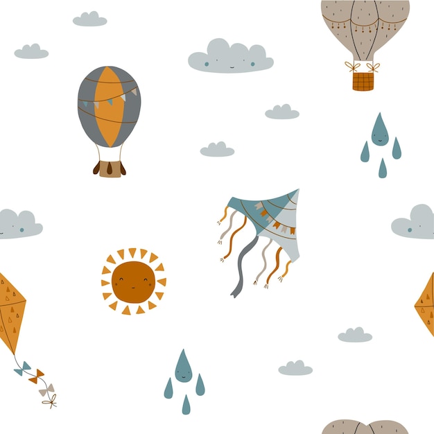 Air transport seamless pattern hot air balloon and kite on a white background