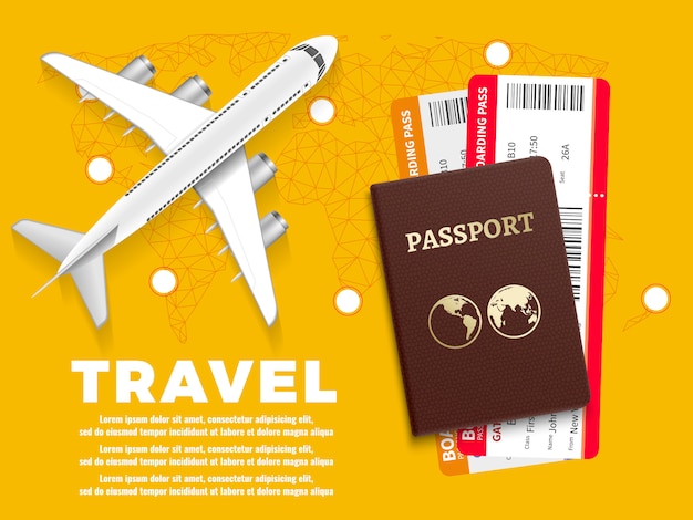 飛行機の世界地図とパスポート - 休暇の概念設計と航空旅行バナーのテンプレート