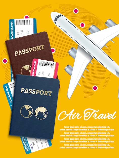 Banner di viaggio aereo con biglietti aerei globo mondo