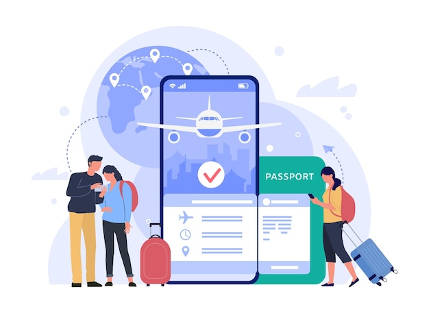 App per l'acquisto di biglietti per viaggi aerei persone che acquistano biglietti online servizio di prenotazione telefonica per turismo e vacanze illustrazione del biglietto online per viaggiare in volo