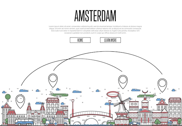 直線的なスタイルのアムステルダムのウェブページへの空の旅
