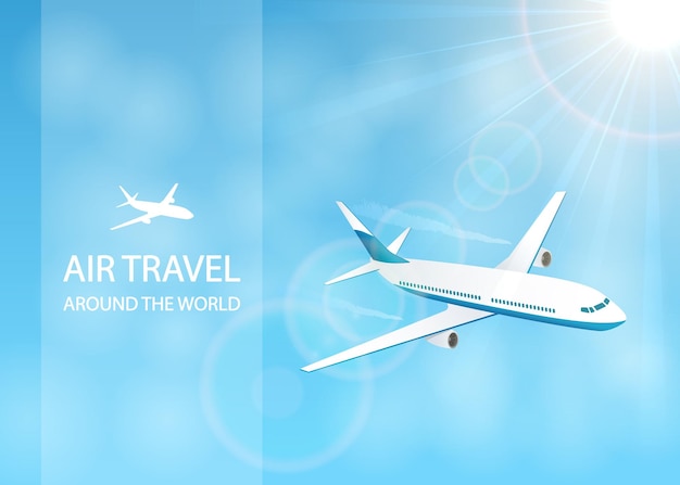 Air travel with white plane in the blue sky around the world illustration