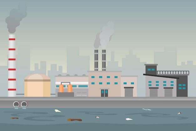 Vector air and water pollution by industrial production factory industry pollution vector illustration