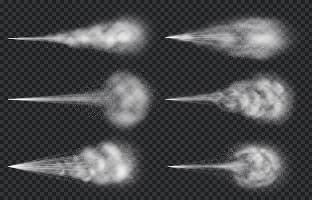 Распыление воды и воздуха. Реалистичный туман пара и облако распылителя. Аэрозольный дезодорант или струя духов. Набор векторных эффект распространения частиц. Распыление туманного воздуха, увлажнение влажным, падение воздушного всплеска иллюстрации