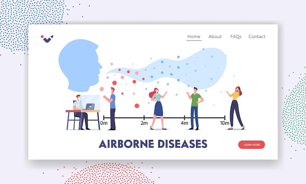 Болезнь, передающаяся воздушно-капельным путем, шаблон целевой страницы передачи вируса. Персонажи, посещающие общественное место с летающими заразными клетками. Люди стоят на расстоянии, чтобы избежать гриппа. Мультфильм векторные иллюстрации