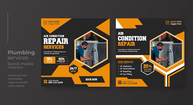 Vector airconditioning reparatie social media post sjabloon web banner sjabloon