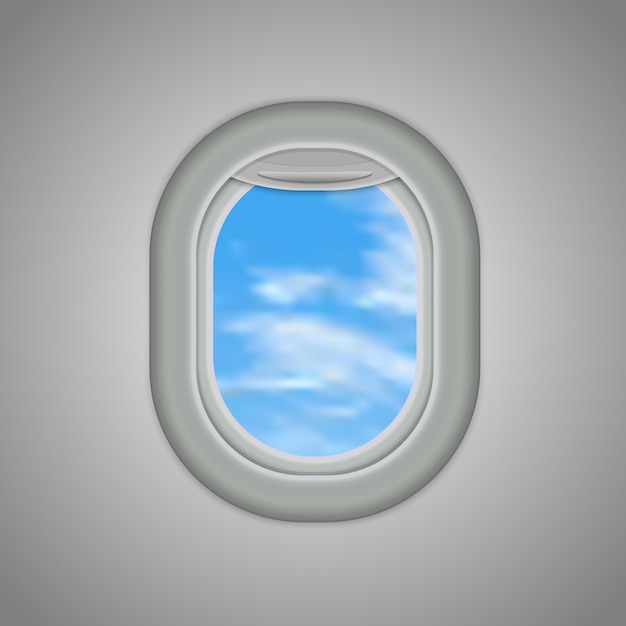 Vector aircraft, airplane windows with cloudy blue sky outside.