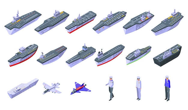 Aircraft carrier icons set. Isometric set of aircraft carrier  icons for web  isolated on white background