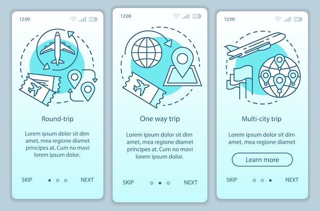 Modello vettoriale dello schermo della pagina dell'app mobile per l'onboarding del biglietto di volo dell'aeromobile turchese. andata e ritorno, viaggio di sola andata. procedura dettagliata del sito web con illustrazioni lineari. concetto di interfaccia per smartphone ux, ui, gui