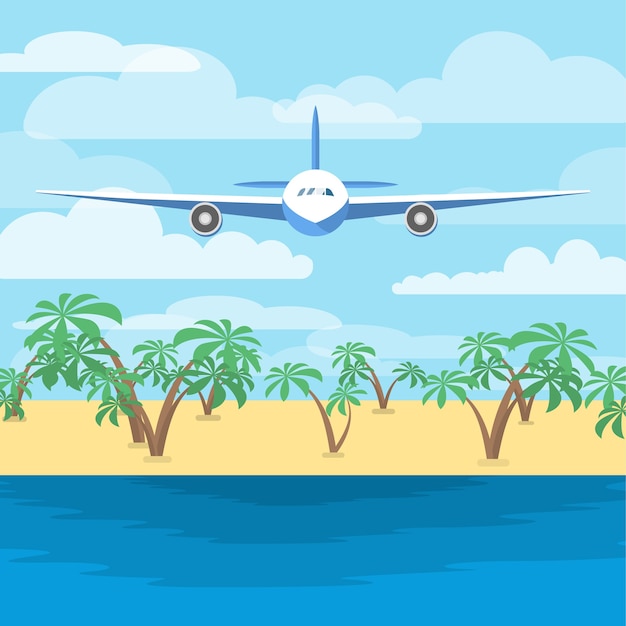 바다 위를 비행하는 항공기. 하늘과 배경에 손바닥 해변에서 비행기. 바다 위의 비행. 삽화
