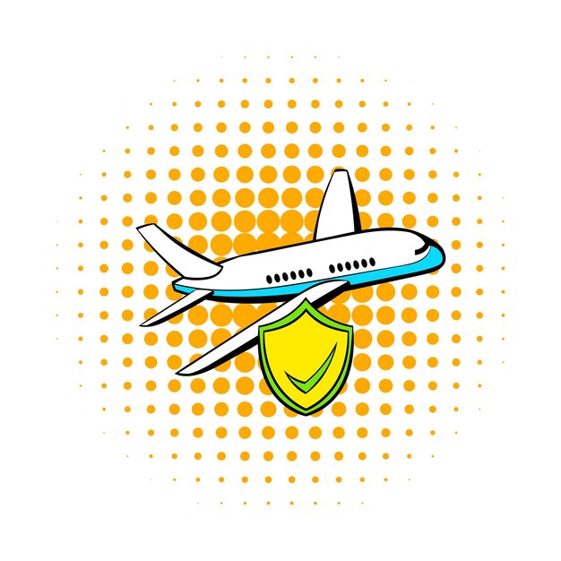 Vector aircraft insurance icon in comics style on a white background