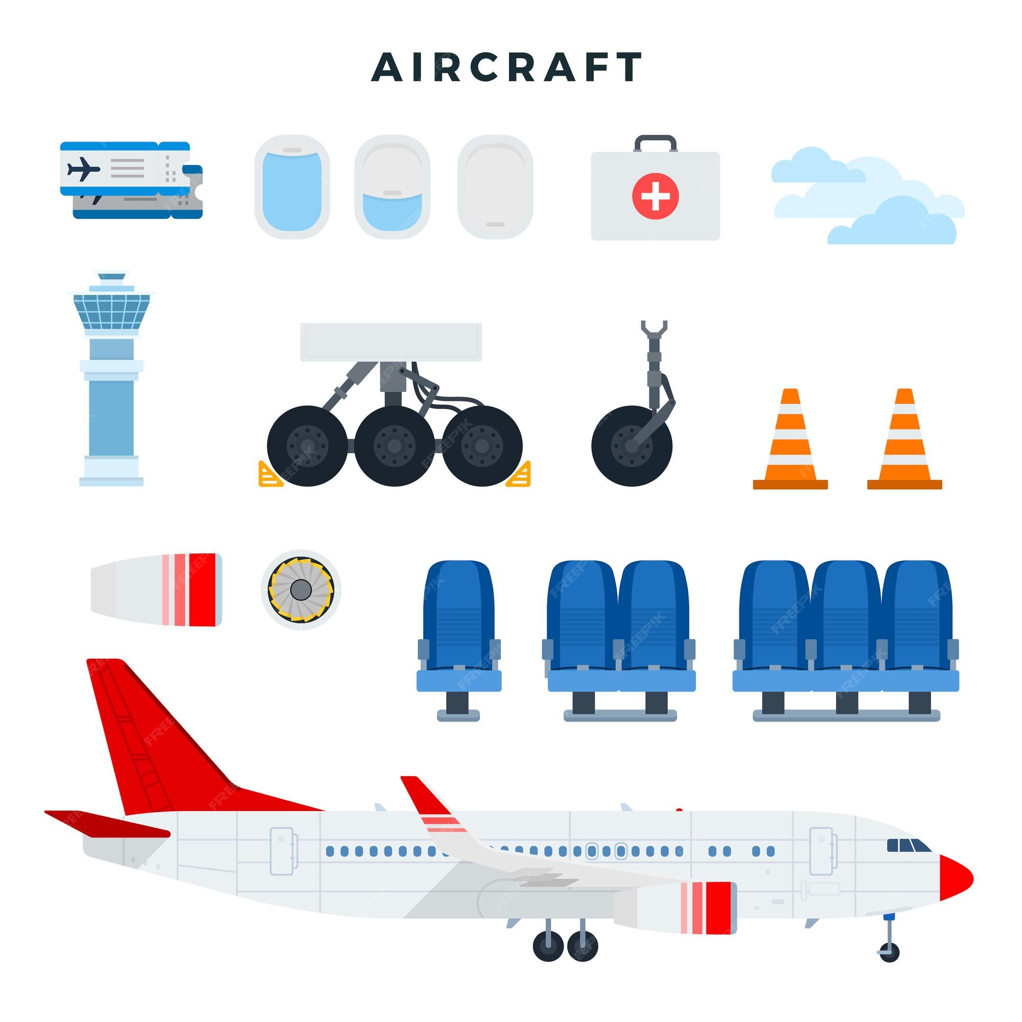 Premium Vector | Aircraft And Its Components Set Of Aircraft Parts Control  Tower Tickets Porthole Cloud