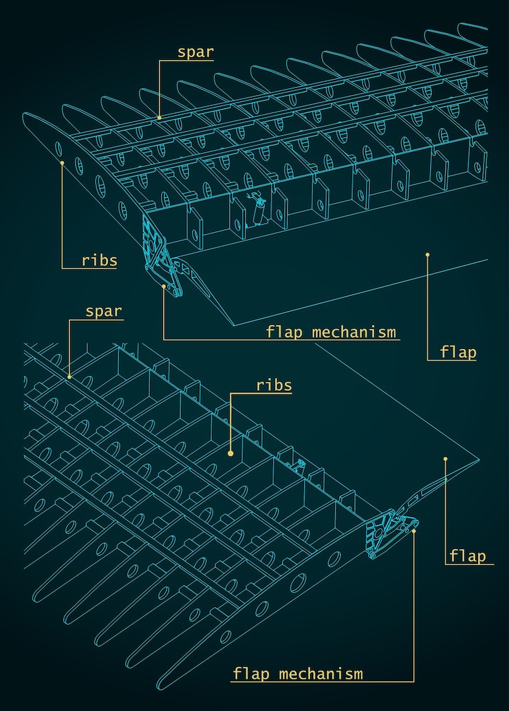 Vector 航空機の翼構造とフラップシステムの図面