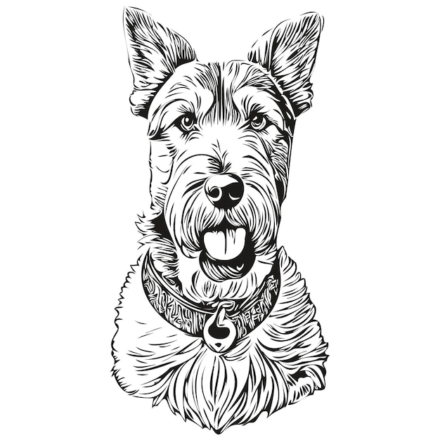 Airedale Terriër hond logo vector zwart-wit vintage schattige hond hoofd gegraveerd schets tekening