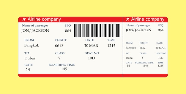 Airline boarding pass ticket with QR2 code Vector illustration on yellow background