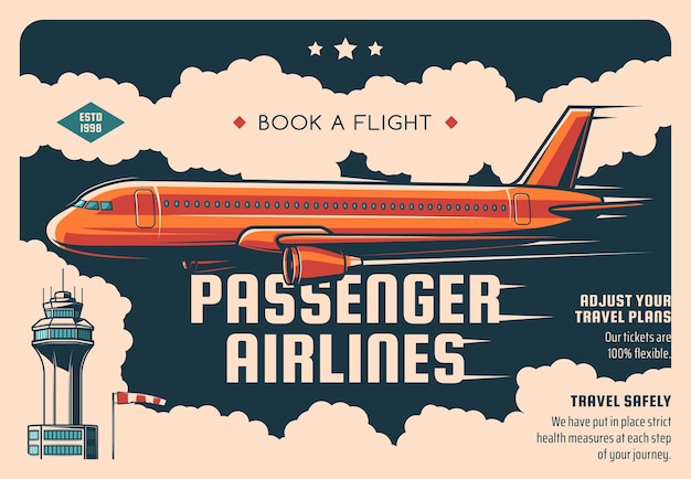 Vector airline flight ticket booking service retro poster