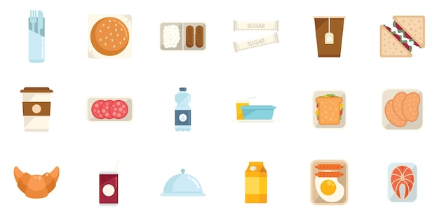 Airline food icons set flat vector inflight meal