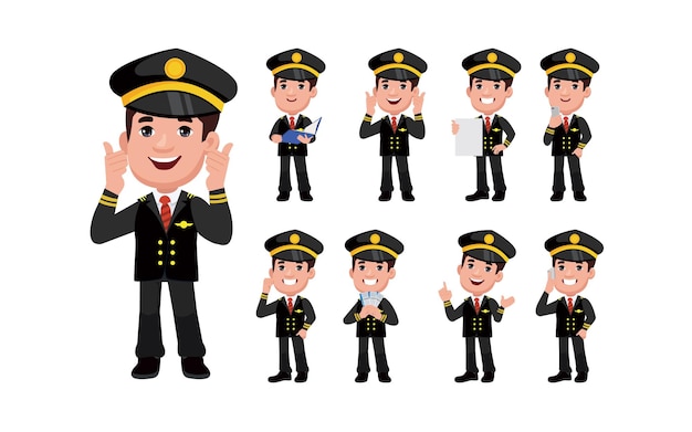 Airline pilot with different poses. vector
