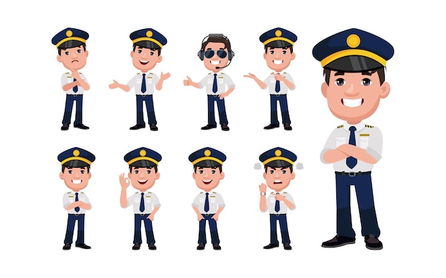 Airline pilot with different poses. vector
