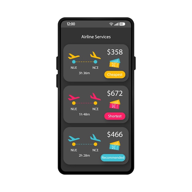 Vector airline services app smartphone interface vector template mobile flight tickets booking app page black design layout cheapest shortest tickets screen flat ui last minutes flights application