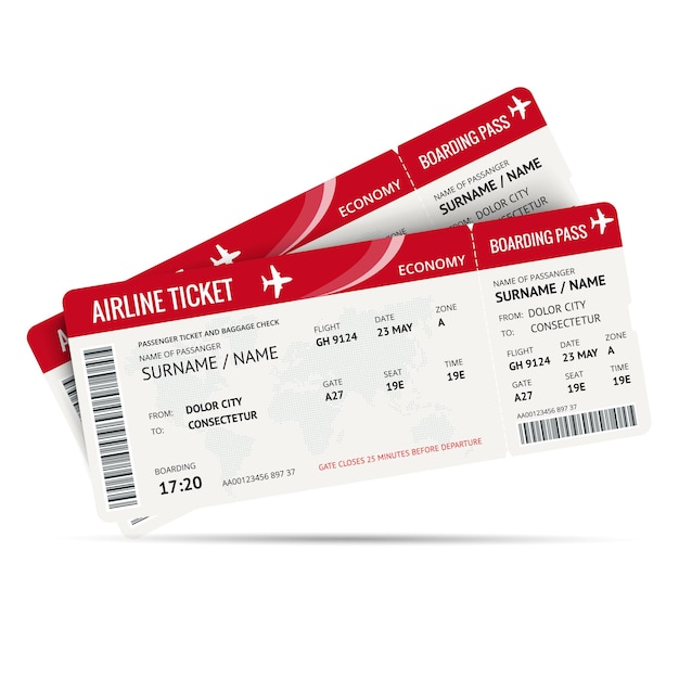 Vector airline ticket or boarding pass for traveling by plane isolated on white. vector illustration.