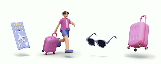 Airline ticket with perforation suitcase sunglasses male character in hurry