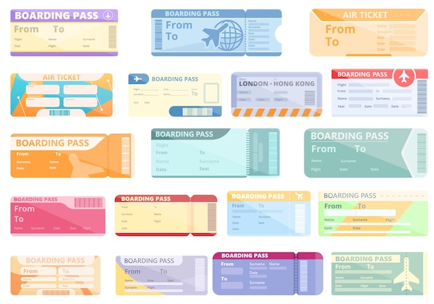 Airline tickets icons set. cartoon set of airline tickets icons