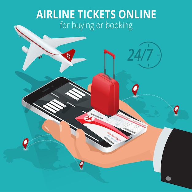 Airline tickets online. Buying or booking Airline tickets. Travel, business flights worldwide. Online app for tickets order. Internation  flights. Flat 3d isometric vector illustration