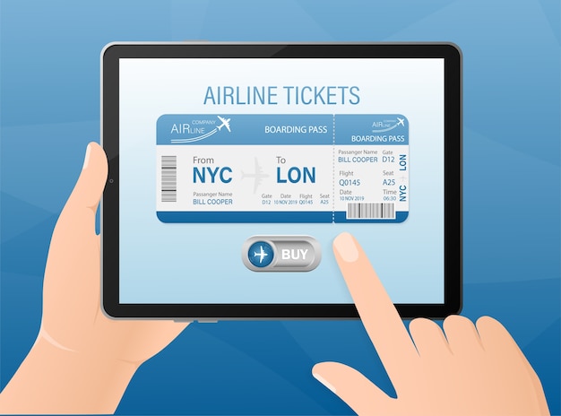 航空会社のチケットをオンラインで手とタブレットで。図。