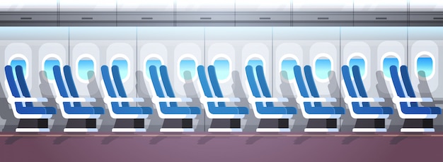 Fila di sedili passeggeri aereo di linea con oblò vuoti nessun popolo aereo bordo interno orizzontale banner