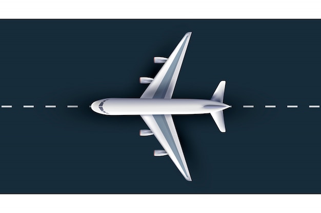 Airliner view from above, realistic 3d plane. passenger plane on runway, high detailed 3d airliner, 